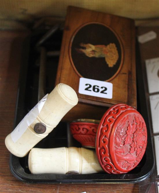 Cinnabar pot, box & 2 ivory handled boot pulls